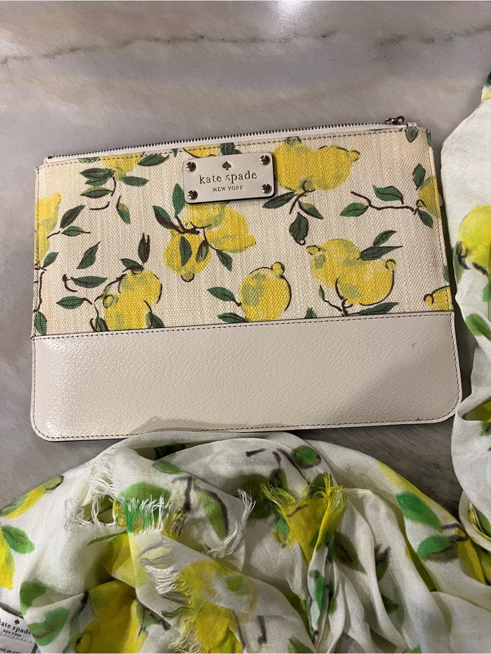kate spade Cream Lemon Print Clutch and match scarf. It’s a bundle